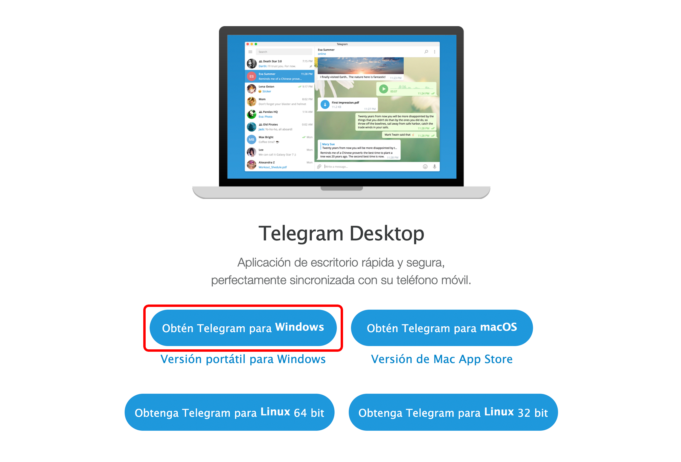 Haz clic en el botón Obtener Telegram para Windows.